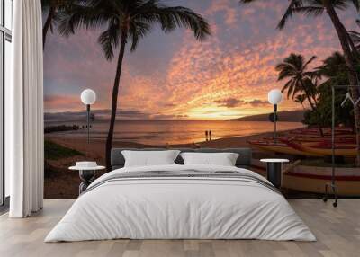 Paddling Canoe on beach in Maui at sunset Wall mural