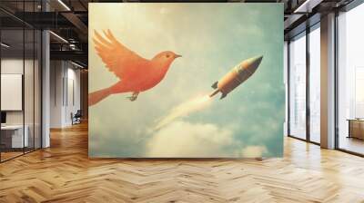 Surreal Encounter: A Red Bird and a Rocket in the Sky Wall mural