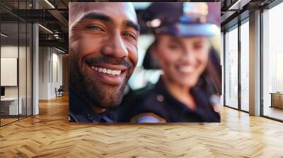 Two police officers in uniform, one closer to the camera with a big smile, sitting inside their patrol car, with a clear focus on law enforcement and community service. Wall mural