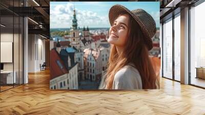 Young Woman Enjoying a Scenic City View Wall mural