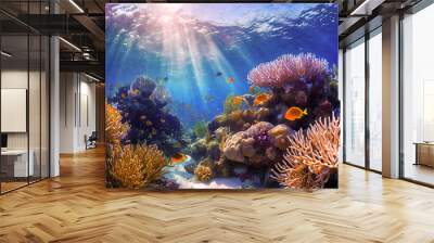 a saltwater under water sun deep creature exotic tropic reef barrier coral tropical aquatic diversity species animals diving below beneath underwater life marine sea fish blue ocean scuba undersea Wall mural