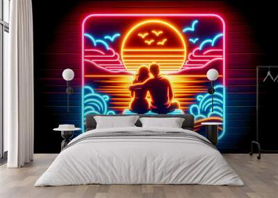 a summer neon signboard bright retro romantic beach sunset evening couple sign light happiness relaxation travel ocean fluorescent lovers warm sun romance love outdoor electric glowing tropical wall Wall mural