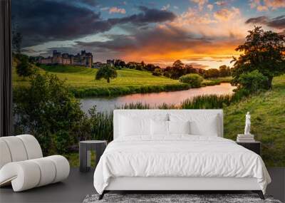 Panoramic Sunset over River Aln / The River Aln runs through Northumberland from Alnham to Alnmouth. Seen here in panorama below Alnwick Town and Castle on the skyline, as the sunsets Wall mural