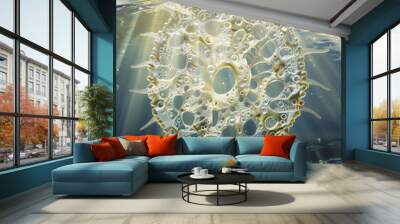 Detailed rotifer with ciliated structures in clear freshwater, lit by bright sunlight from above. Wall mural