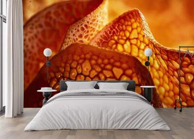 Macro image showcasing the intricate porous texture of an orange peel in vivid hues under striking light. Wall mural