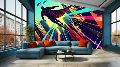 Neon Cityscape and Hero in Motion Wall mural