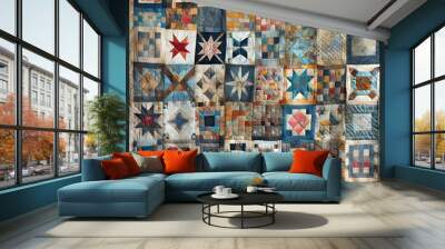 A colorful quilt with an assortment of patchwork patterns is displayed, each square featuring different designs and fabrics Wall mural