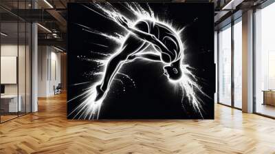 A neon high diver in mid-air demonstrates a dynamic and graceful movement, surrounded by radiant bursts of light on a dark background Wall mural