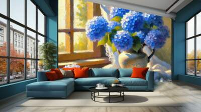 A vase of vibrant blue hydrangeas sits on a windowsill bathed in warm sunlight Wall mural