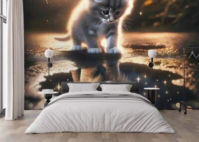 Cute kitty staring into a water puddle and sees a lion's face reflection with stars Wall mural