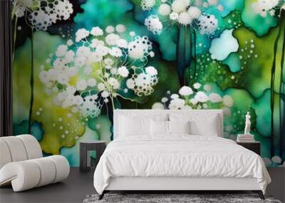 Queen Anne's Lace alcohol ink abstract art seamless pattern in white, gold, black, and green colors Wall mural