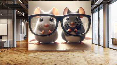 Two adorable mice peek through oversized black framed glasses  Wall mural