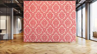 Red wallpaper vintage flock with red damask design on a white background retro vintage style Wall mural