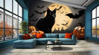 halloween background with black cat pumpkin and bats Wall mural