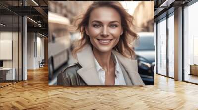 portrait of a smiling woman on the street Wall mural