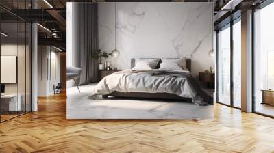 Luxury, modern bedroom interior design with white marble carrara walls and floor. Comfortable king size bed with white linens. Created with generative AI Wall mural