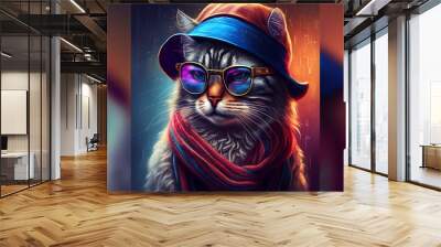 A cute cat with a hat and colorful sunglasses, Generative AI Wall mural