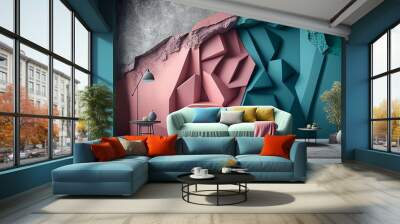 A living room with a blue sofa and a pink and blue textured wall., Generative AI Wall mural