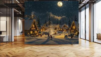 Charming Christmas Village Night Scene with Snowy Cottages, Twinkling Lights, and a Full Moon Wall mural