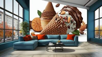 Chocolate ice cream with almonds and wafer rolls in a side view, isolated on a white background Wall mural