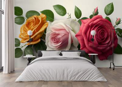 Composition of realistic roses on white background, Generative AI Wall mural