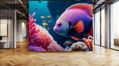 Coral reef in the sea, colorful fish in the underwater realm ecosystem, Generative AI Wall mural