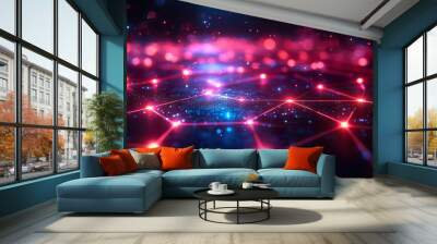 Futuristic Grid with Glowing Lines and Geometric Shapes - Abstract Background Wall mural