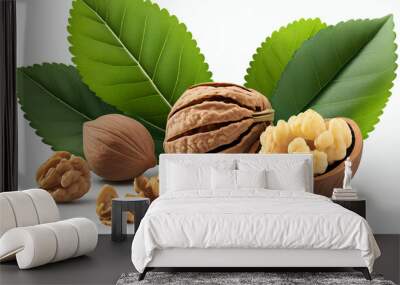 Hezelnuts and fresh walnuts separated on a white background Wall mural