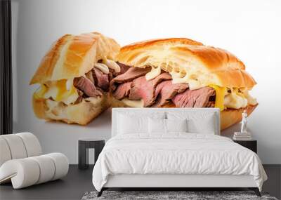 Isolated sandwich of roast beef and cheese bun on a white background Wall mural