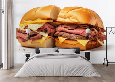 Isolated sandwich of roast beef and cheese bun on a white background Wall mural