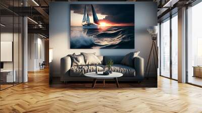 Living room interior with a painting of ocean sunset, Generative AI Wall mural