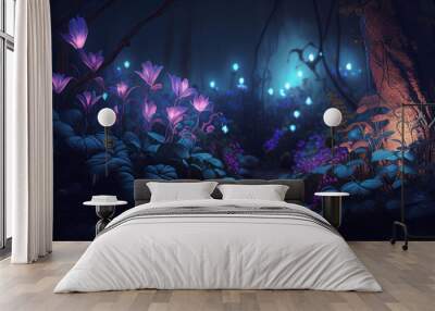 Magical night in the forest with glowing flowers and lights, Generative AI Wall mural