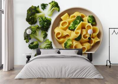 Upper view delicious cooked pasta with broccoli, cheese, and an isolated white background Wall mural