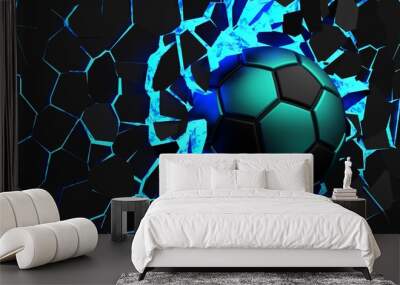 Black-green soccer ball breaking with great force through black-blue illuminated wall under spot light background. 3D high quality rendering. 3D illustration. 3D CG. Wall mural