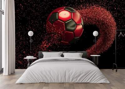 Black-Red Soccer ball with Green Rotating Particles under Black-Yellow Background. 3D sketch design and illustration. 3D high quality rendering. Wall mural