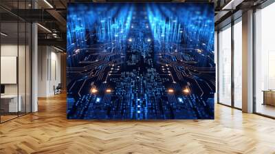 Blue illuminated cyber circuit future technology concept background. Generative AI. Wall mural