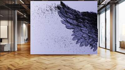 Blue tone black wing with black particles under black-white lighting background. Concept image of free activity, decision without regret and strategic action. 3D CG. 3D illustration. Wall mural