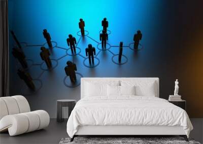 Chain of black human figurines connected by silver lines under blue-orange lighting. Cooperation and interaction between people and employees. Dissemination of information in society, rumors. 3D CG. Wall mural