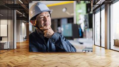 Supervisor of a manufacturing site wearing a white helmet with a machine tool in the background. Wall mural