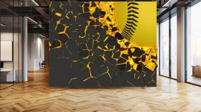 Yellow baseball breaking with great force through orange illuminated black wall under black-white background. 3D high quality rendering. Wall mural