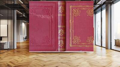 Old open book cover in red canvas with embossed golden abstract decorations (circa 1885), isolated on white Wall mural