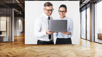 Business colleagues couple isolated over white wall background using laptop computer. Wall mural