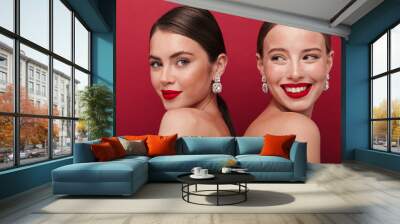 Cheery positive two women with bright red lipstick Wall mural