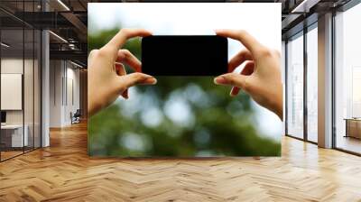 Closeup portrait of a female hands holding smartphone Wall mural