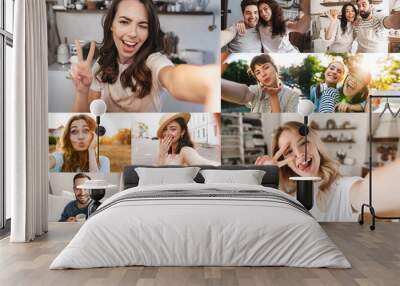 Collage image of different happy caucasian people looking at camera Wall mural