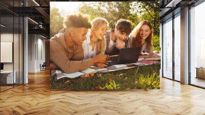 Group of happy multhiethnic students doing homework Wall mural