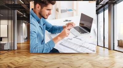 Handsome young businessman taking photo of documents with smartphone Wall mural