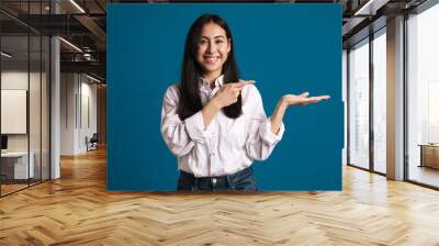 Happy beautiful asian girl holding and pointing finger at copyspace Wall mural