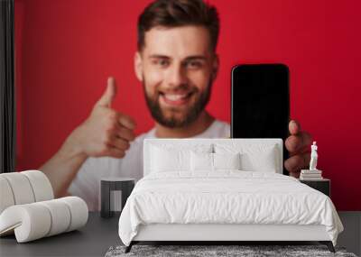 Happy young man showing display of mobile phone make thumbs up gesture. Wall mural