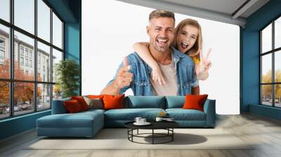 Image of attractive caucasian family father and daughter piggybacking and gesturing at camera Wall mural